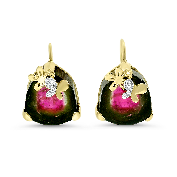 1870 Collection Earrings 1870 Collection 14k Yellow Gold Watermelon Tourmaline and Diamond Drop Earrings
