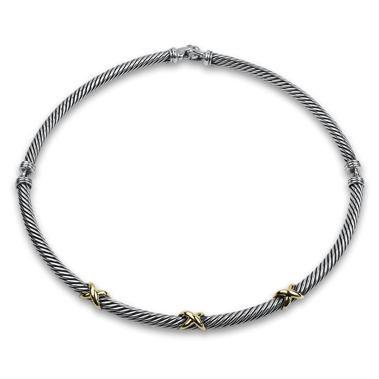 Estate David Yurman Bracelet David Yurman Estate Sterling Silver & 14K Yellow Gold Classic Cable Hinged Station Necklace