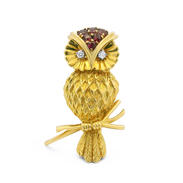 Estate Tiffany & Co. Pins & Brooches Estate Tiffany & Co. 18k Yellow Gold Ruby & Diamond Owl Brooch