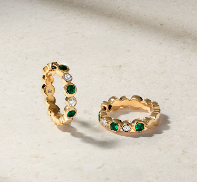 Mark Henry Earring Mark Henry 18k Yellow Gold "Bubbly Emerald and Diamond Mini" Hoop Earrings