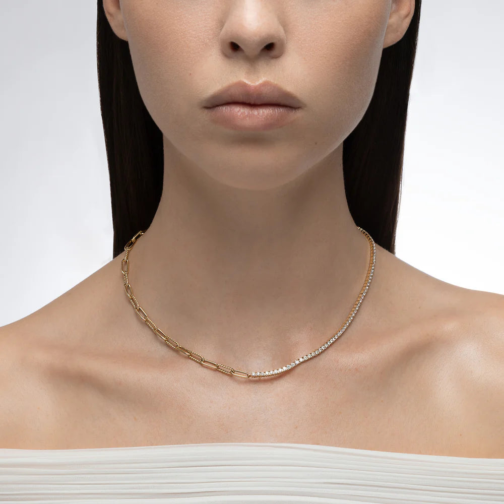 Mark Henry Necklaces and Pendants Mark Henry 18k Yellow Gold Half Diamond Tennis & Paperclip Necklace
