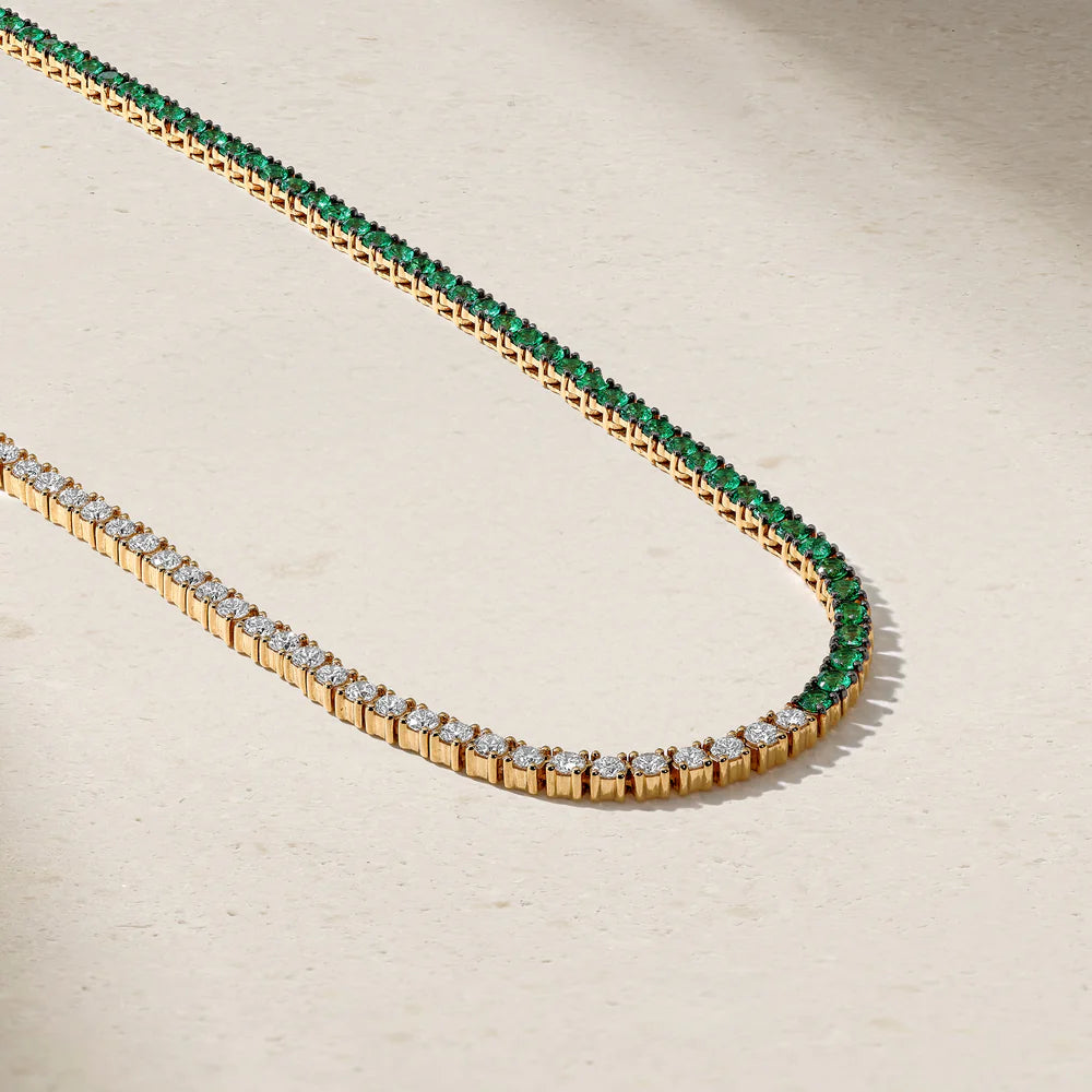 Mark Henry Necklaces and Pendants Mark Henry 18k Yellow Gold Half Emerald and Half Diamond Tennis Necklace