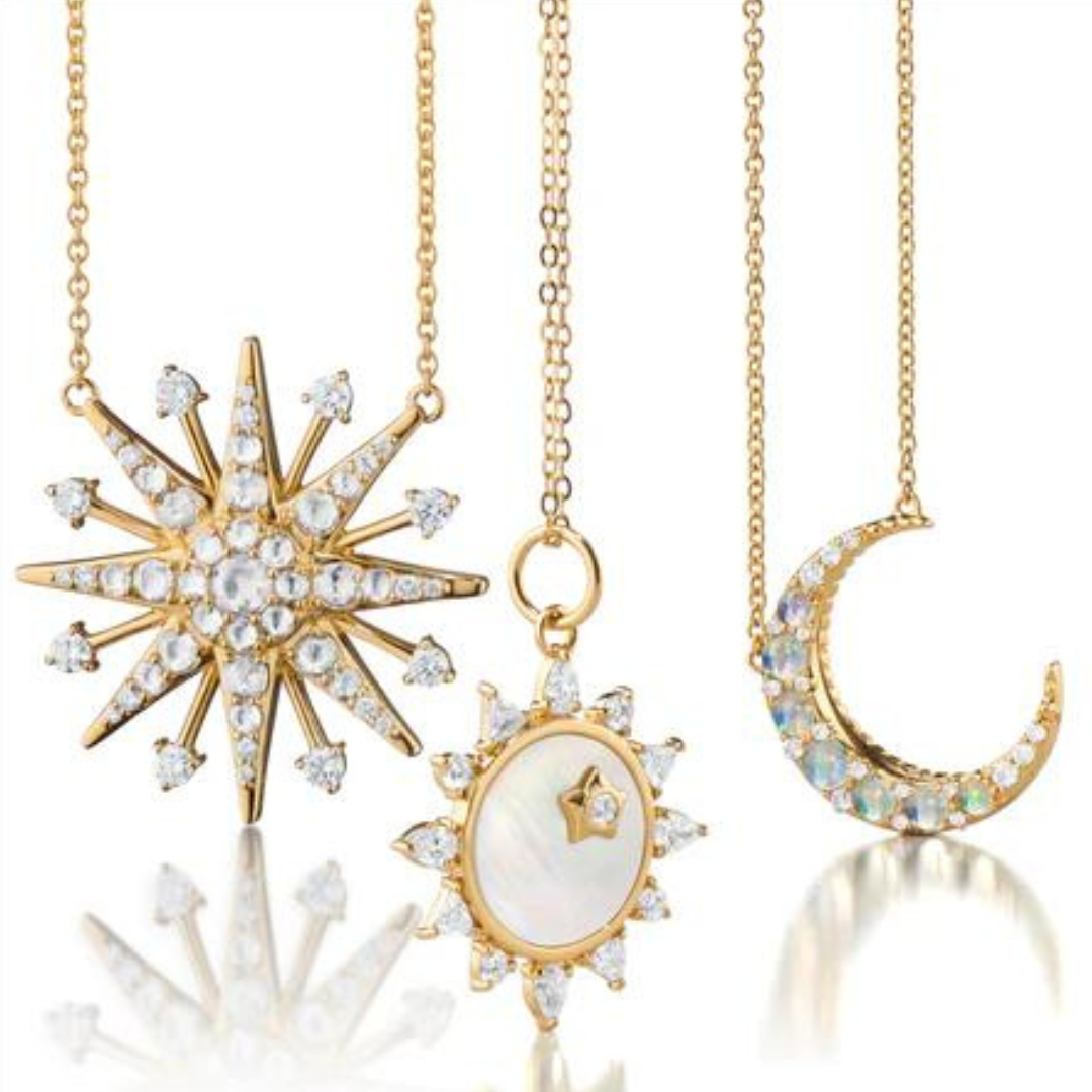 Three Celestial Styled Necklaces Yellow Gold with Diamonds