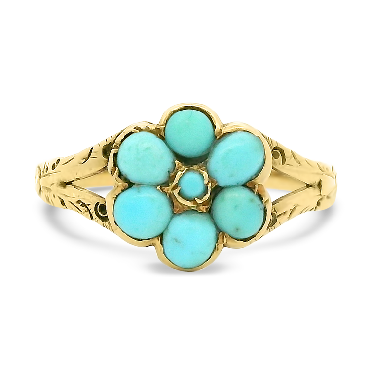 PAGE Estate Wedding Band Antique 18K Yellow Gold Turquoise Floral Ring