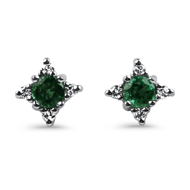 PAGE Estate Earrings Estate 14k White Gold Emerald & Diamond Stud Earrings