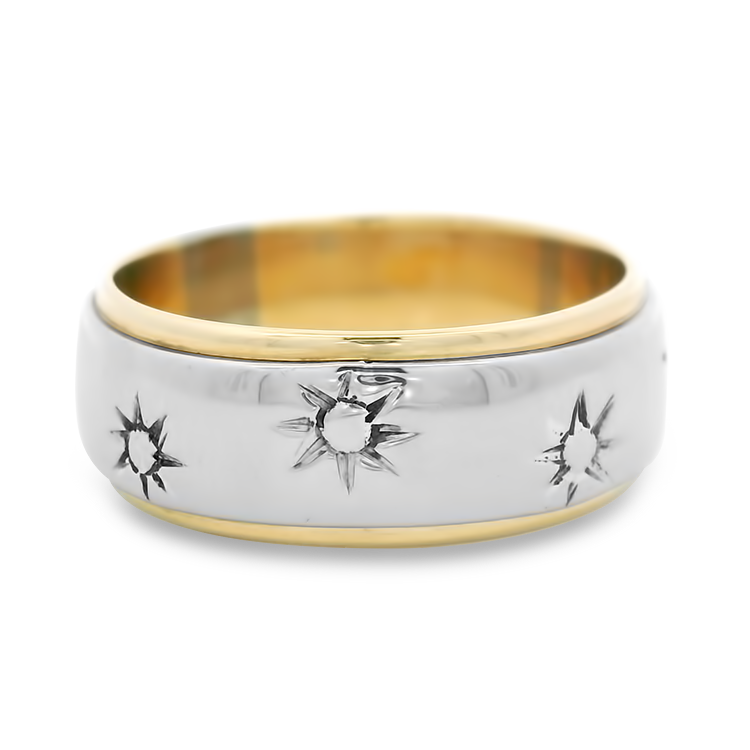 PAGE Estate Wedding Band Estate 14k White & Yellow Gold Engraved Sun Wedding Band 8.75