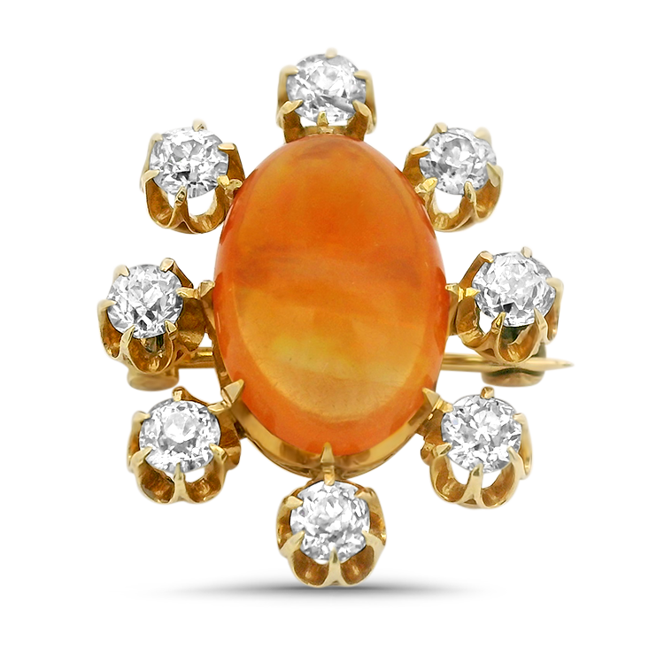 PAGE Estate Pins & Brooches Estate 14k Yellow Gold Antique Fire Opal & Diamond Sunburst Pin/Pendant