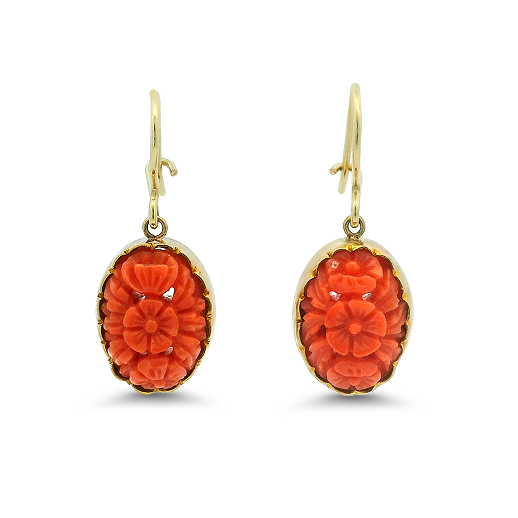 PAGE Estate Earring Estate 14k Yellow Gold Carved Coral Dangle Earrings