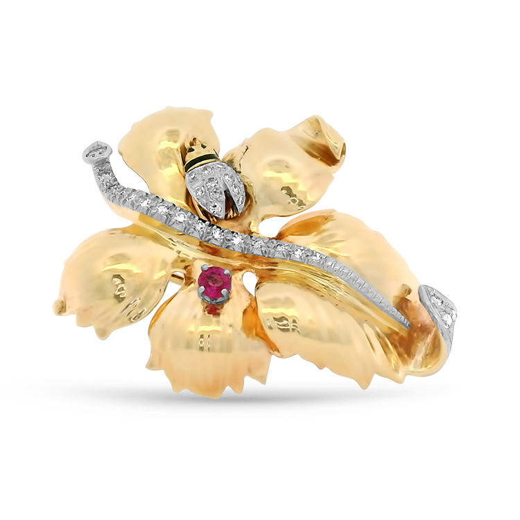 PAGE Estate Pins & Brooches Estate 14k Yellow Gold Diamond and Ruby Leaf Brooch with Ladybug Detail