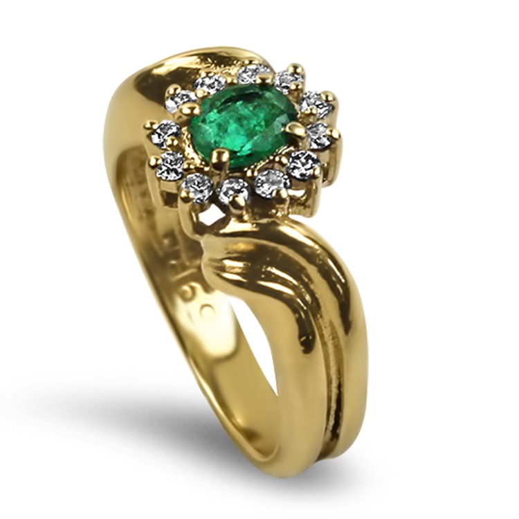 PAGE Estate Ring Estate 14K Yellow Gold Emerald Diamond Halo Bypass Ring