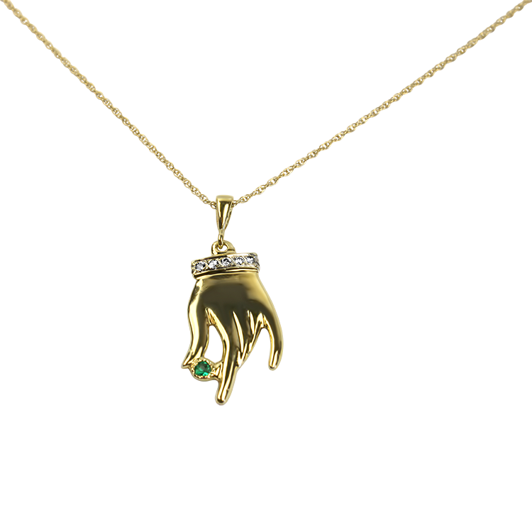 PAGE Estate Necklaces and Pendants Estate 14k Yellow Gold Emerald & Diamond Hand Necklace 18"