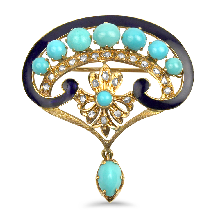 Estate 14K Yellow Gold Enameled Turquoise & Diamond Brooch