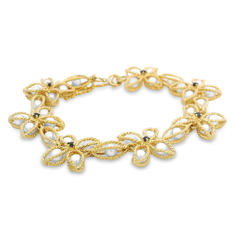 PAGE Estate Bracelet Estate 14k Yellow Gold Floral Motif Bracelet with Cultured Pearls and Blue Sapphires