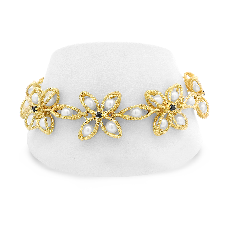 PAGE Estate Bracelet Estate 14k Yellow Gold Floral Motif Bracelet with Cultured Pearls and Blue Sapphires