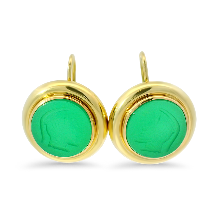 PAGE Estate Earring Estate 14k Yellow Gold Green Onyx Intaglio Drop Earrings
