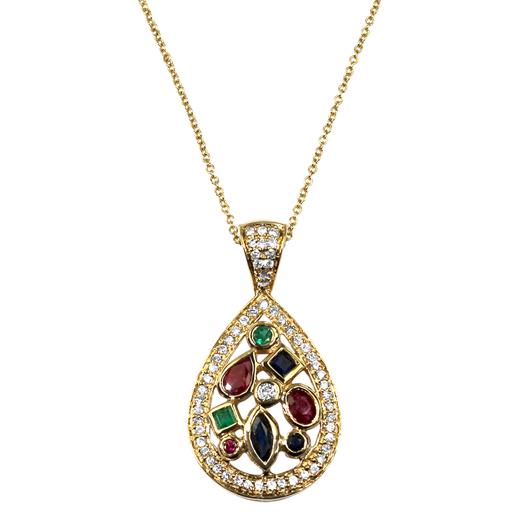 PAGE Estate Necklaces and Pendants Estate 14k Yellow Gold Pear-Shaped Multi-Stone Pendant Necklace