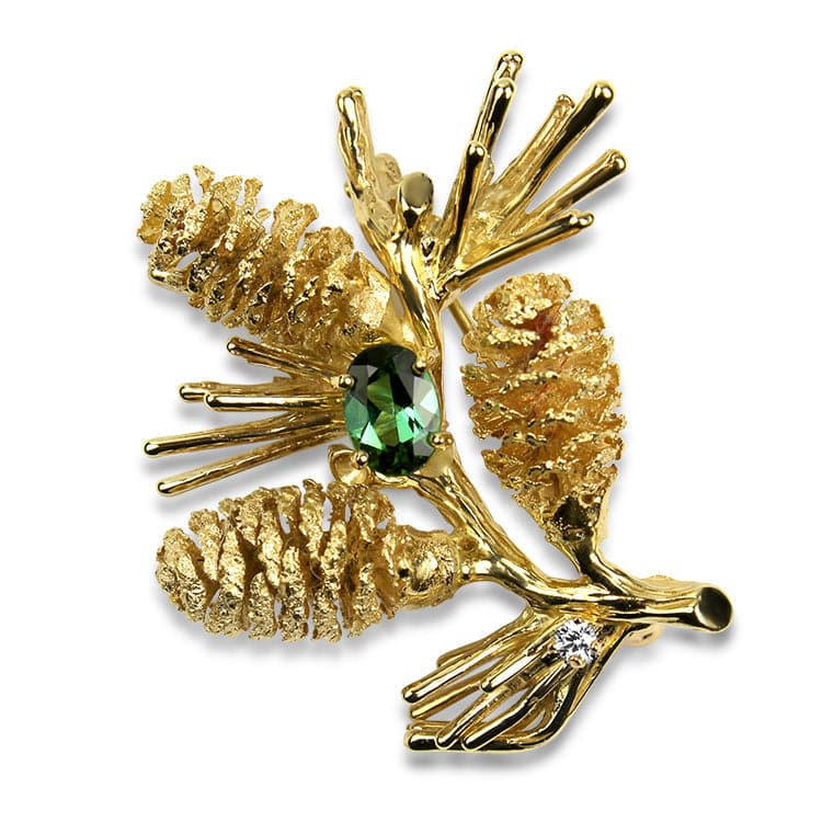 PAGE Estate Pins & Brooches Estate 14K Yellow Gold Tourmaline and Diamond Pine Cone Pin