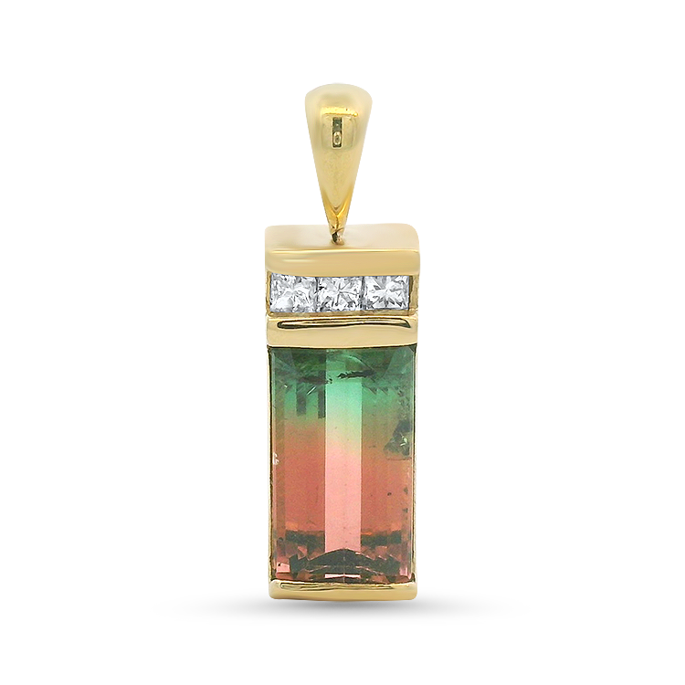 Estate 14k Yellow Gold Watermelon Tourmaline Pendant with Diamonds