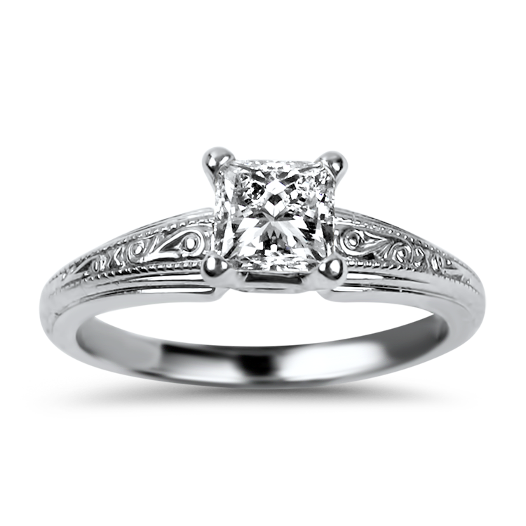 PAGE Estate Engagement Ring Estate 18k White Gold Princess Cut .71ct Solitaire Diamond Ring with Scroll Band 4.75