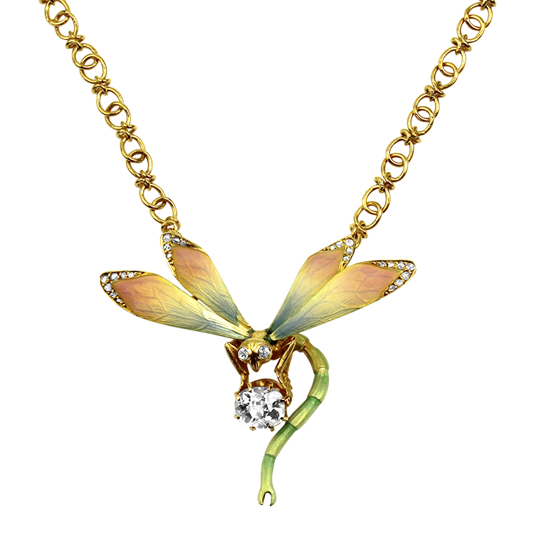 PAGE Estate Necklaces and Pendants Estate 18K Yellow Gold Art Nouveau Diamond Dragonfly Necklace
