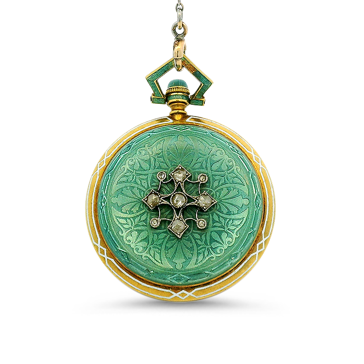 PAGE Estate Necklaces and Pendants Estate 18k Yellow Gold Art Nouveau Pocket Watch with Teal Enamel Detailing