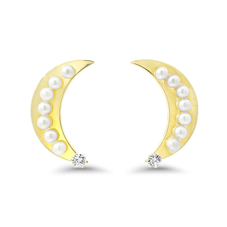 PAGE Estate Earring Estate 18k Yellow Gold Cresent Moon Pearl and Diamond Earrings