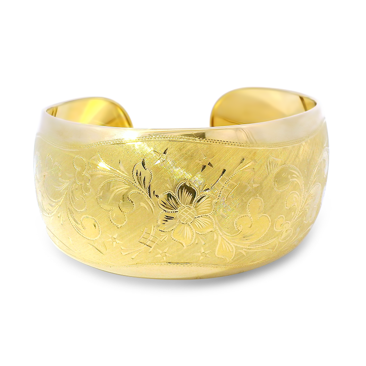 Estate 18k Yellow Gold Floral Engraved Cuff Bracelet