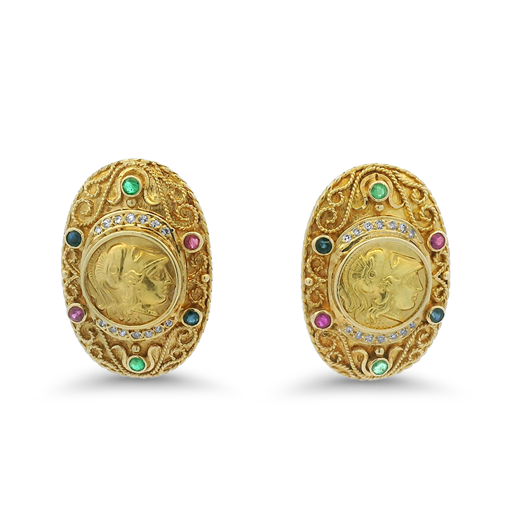 PAGE Estate Earrings Estate 18k Yellow Gold Gemstone and Diamond Coin Earrings