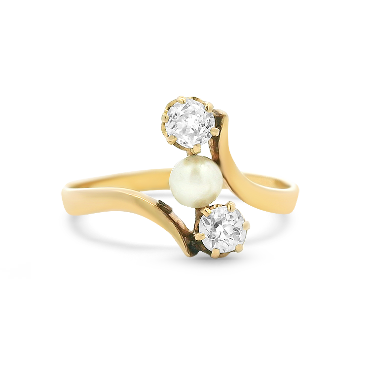 PAGE Estate Ring Estate 18k Yellow Gold Old European Diamonds and Pearl Bypass Ring 5.25