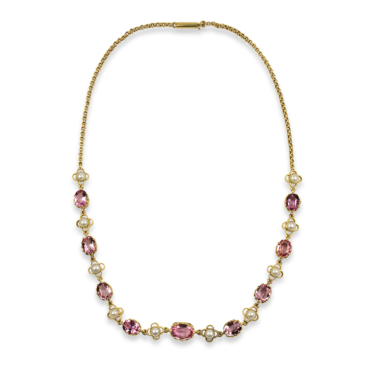 PAGE Estate Necklaces and Pendants Estate 18K Yellow Gold Pink Topaz & Pearl Necklace