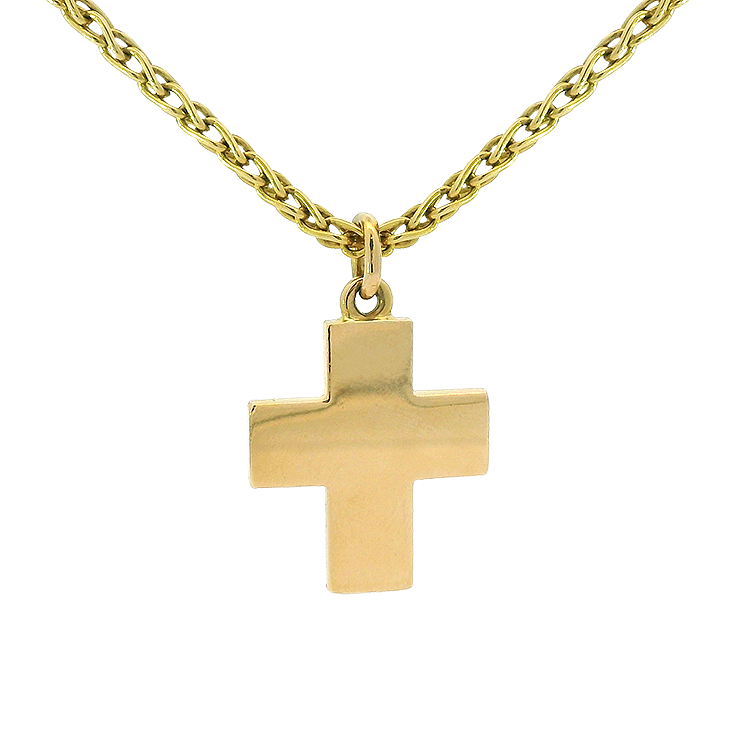 Estate 18k Yellow Gold Polished Cross Pendant and Fox Link Chain