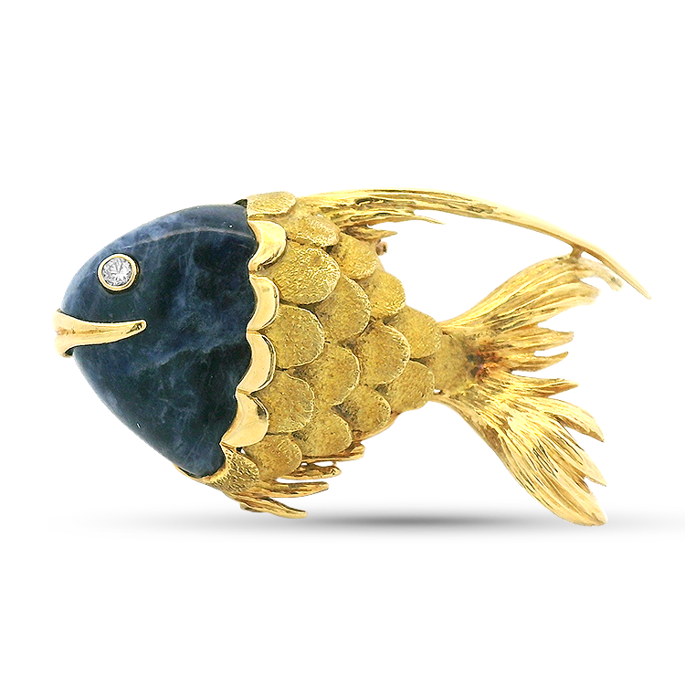 PAGE Estate Necklaces and Pendants Estate 18k Yellow Gold Sodalite and Diamond French Fish Pendant