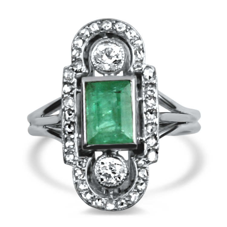 PAGE Estate Ring Estate Platinum & 18k White Gold Antique Emerald & Diamond Ring 6.75