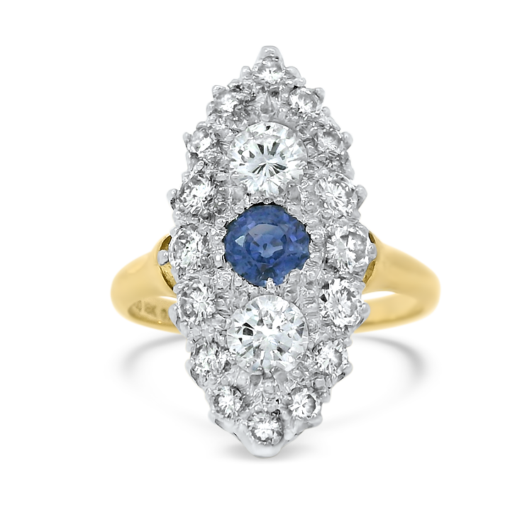 PAGE Estate Ring Estate Platinum and 18k Yellow Gold Diamond and Sapphire Navette Ring 3.75