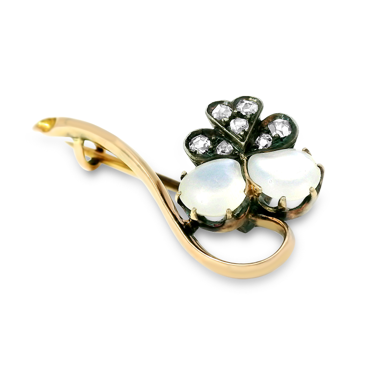 PAGE Estate Pins & Brooches Estate Sterling Silver and 18k Yellow Gold Moonstone and Diamond Floral Brooch
