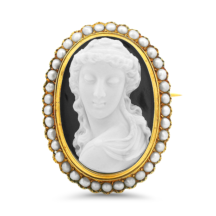 PAGE Estate Pins & Brooches Estate Victorian 18k Yellow Gold Carved Agate Cameo and Cultured Pearls Brooch