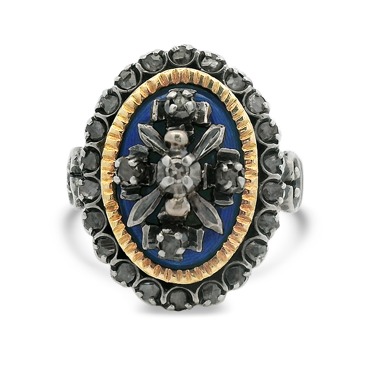 PAGE Estate Ring Late Victorian Sterling Silver and 18k Yellow Gold Enamel Diamond Ring 5.5