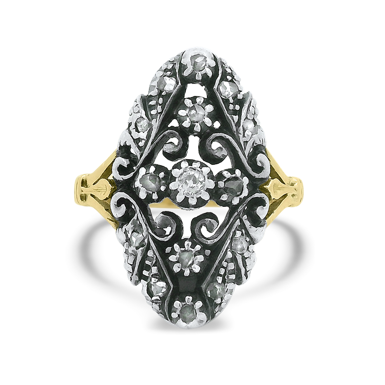 PAGE Estate Ring Late Victorian Sterling Silver and 18k Yellow Gold Floral Diamond Ring 5.25