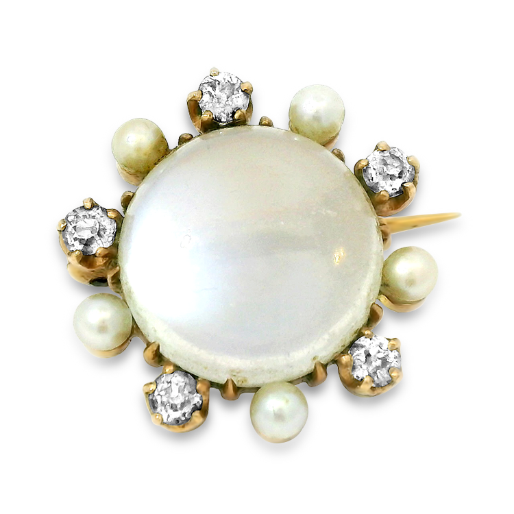 PAGE Estate Pins & Brooches Victorian 14k Yellow Gold Moonstone, Diamond, and Pearl Pin