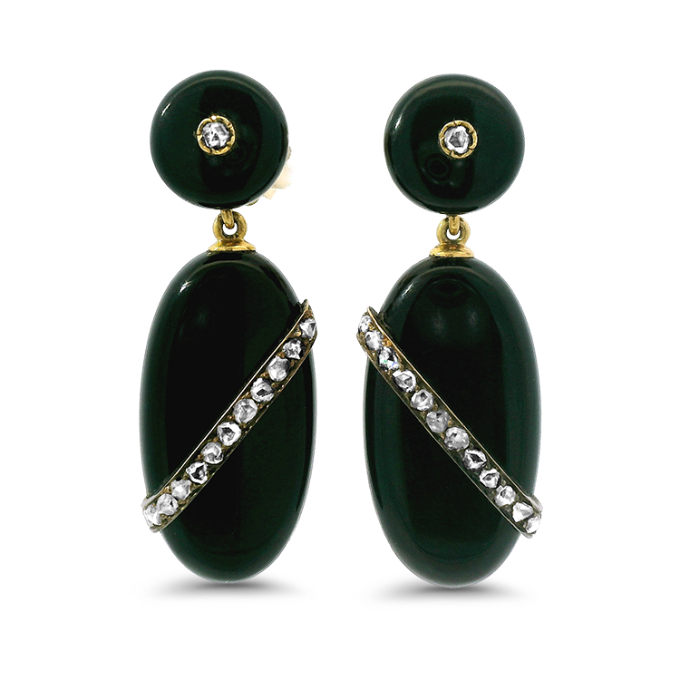 PAGE Estate Earring Victorian 14k Yellow Gold Onyx and Diamond Earrings