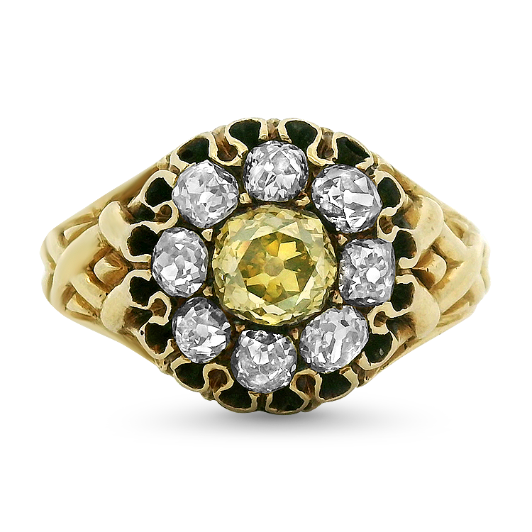 PAGE Estate Ring Victorian 18k Yellow Gold Cluster Ring with Fancy Yellow Diamond 9.5