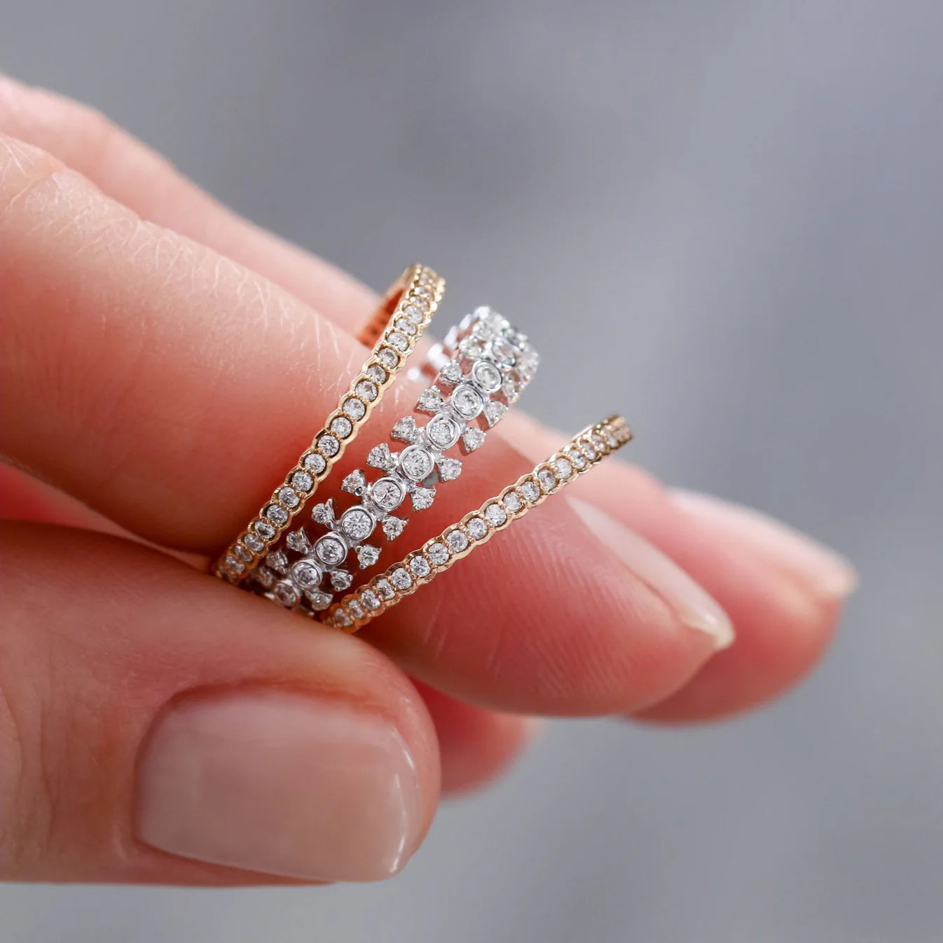 Mixed metal diamond wedding bands stacks