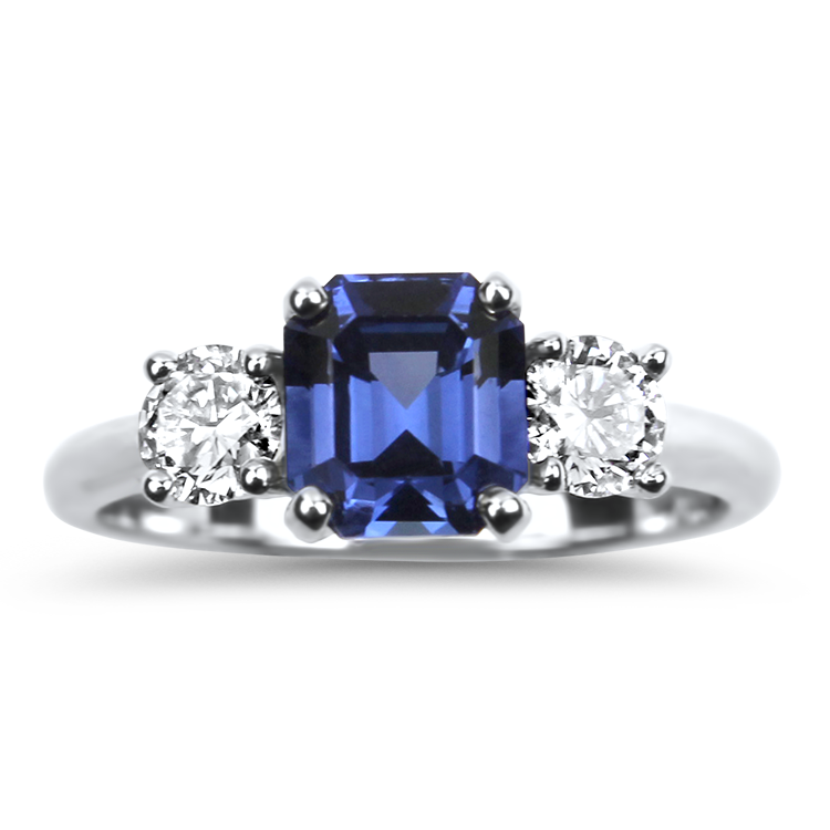 Springer's Collection Ring Suna Bros Platinum Emerald Cut Sapphire and Diamond Three-Stone Ring 6