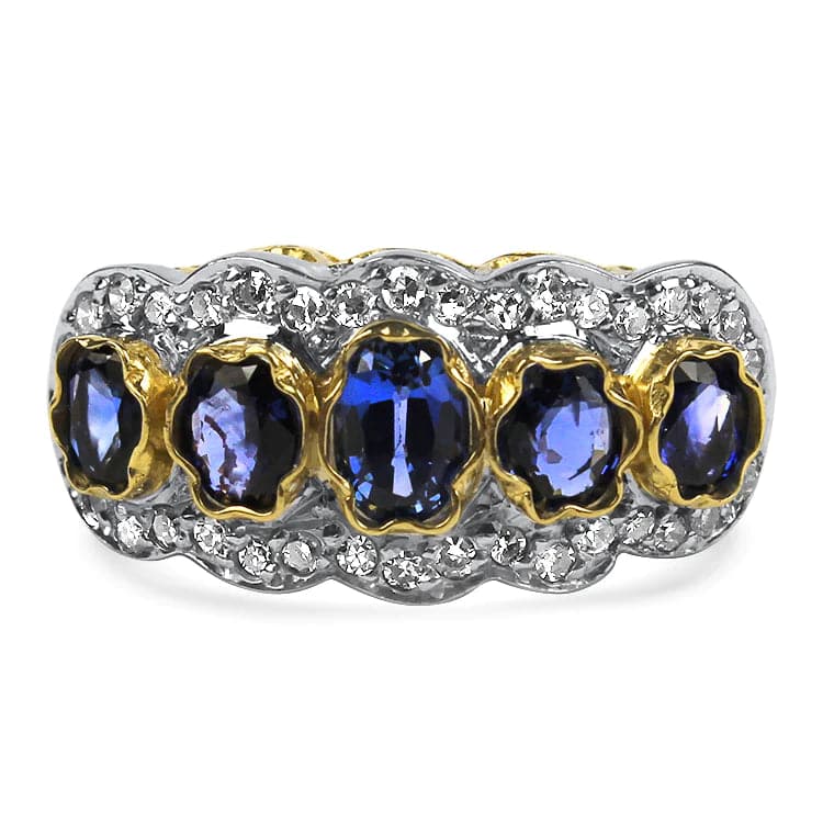 PAGE Estate Ring 14k Two-toned Gold Five Sapphire and Diamond Ring 4.75