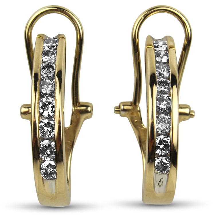 Estate 14k Yellow Gold Channel Set Diamond J Hoop Earrings