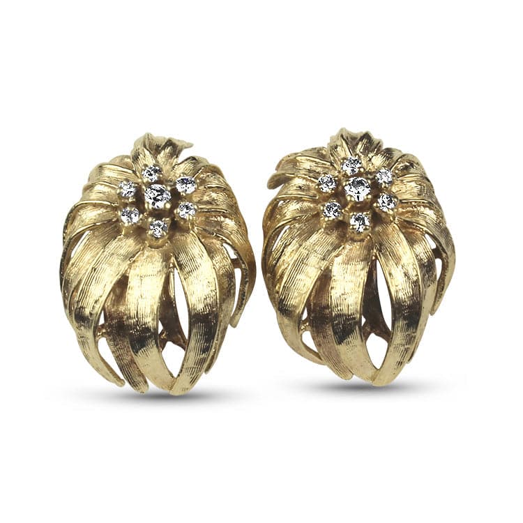 PAGE Estate Earring 14K Yellow Gold Diamond Floral Stud Earrings