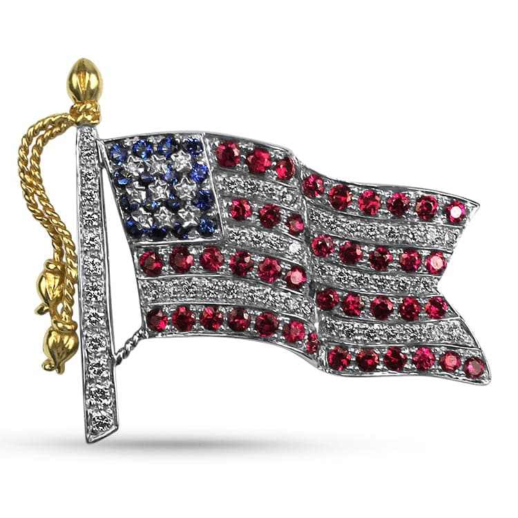 PAGE Estate Pins & Brooches 18k Two-Tone Gold Diamond, Ruby and Sapphire US Flag Pin