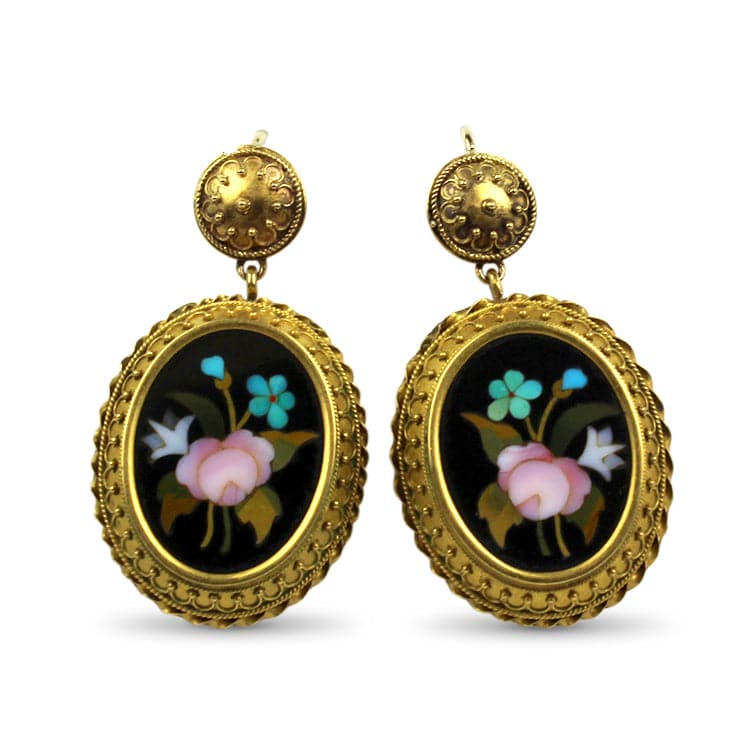 PAGE Estate Earring Yellow Gold Floral Pietra Dura Drop Earrings