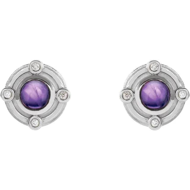 14k White Gold Amethyst Cabochon Studs with Diamond Accents