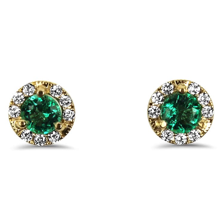 Springer's Collection Earring 14k Yellow Gold Emerald and Diamond Halo Stud Earrings